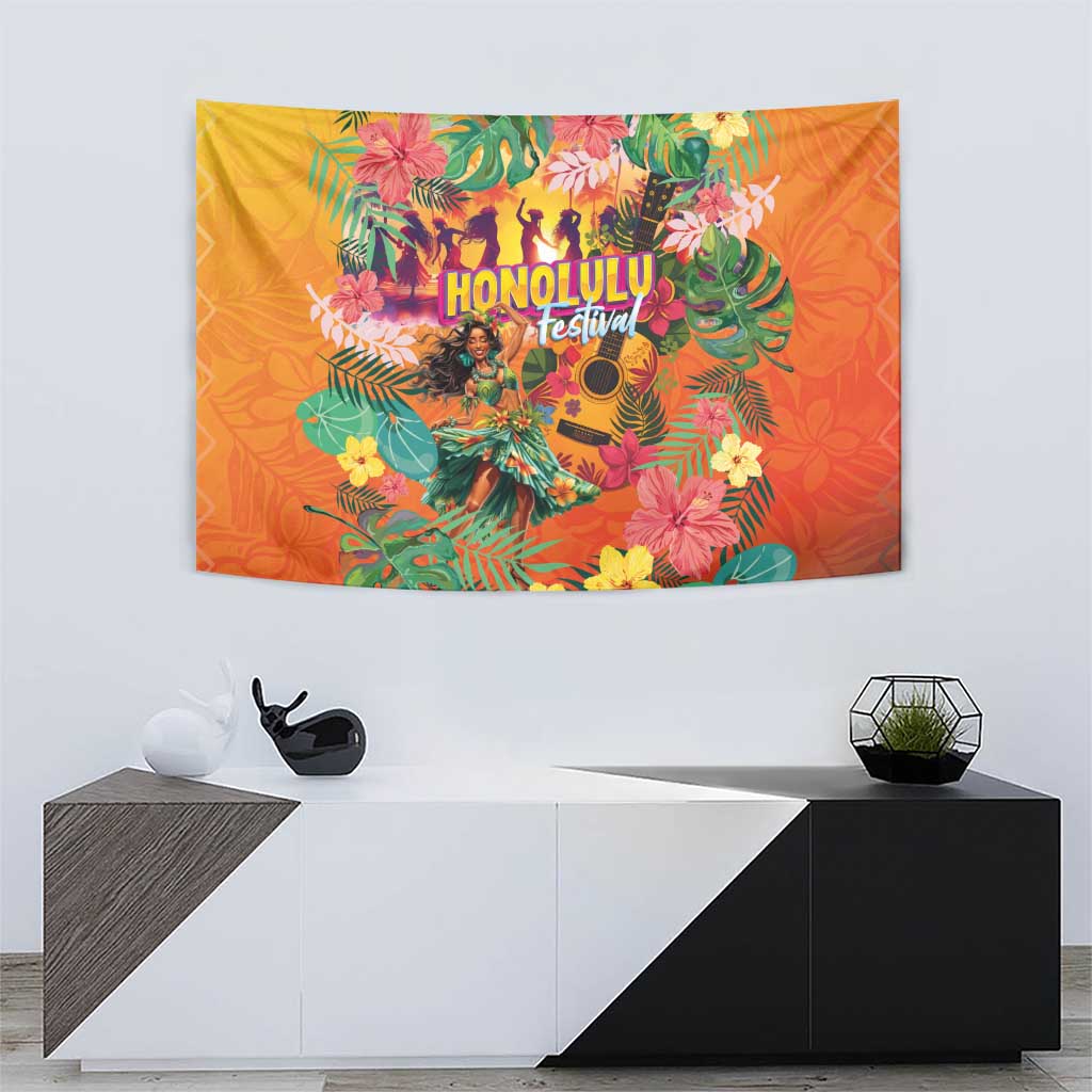 Hawaiian Honolulu Festival Tapestry Hawaiian Identity - Hula Dancer and Ukulele Tropical Plants Style