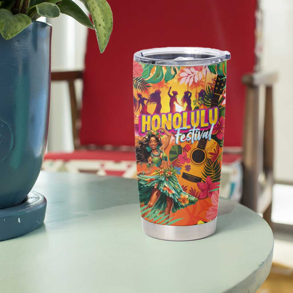 Hawaiian Honolulu Festival Tumbler Cup Hawaiian Identity - Hula Dancer and Ukulele Tropical Plants Style