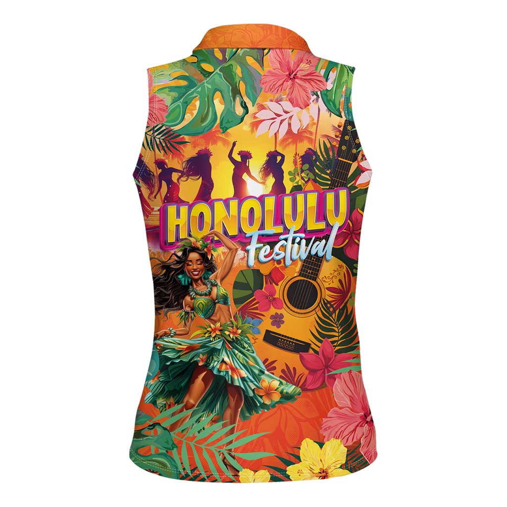 Hawaiian Honolulu Festival Women Sleeveless Polo Shirt Hawaiian Identity - Hula Dancer and Ukulele Tropical Plants Style LT03 - Polynesian Pride
