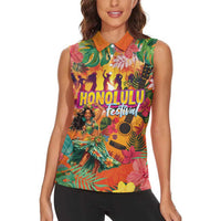 Hawaiian Honolulu Festival Women Sleeveless Polo Shirt Hawaiian Identity - Hula Dancer and Ukulele Tropical Plants Style LT03 - Polynesian Pride