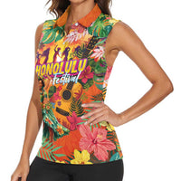 Hawaiian Honolulu Festival Women Sleeveless Polo Shirt Hawaiian Identity - Hula Dancer and Ukulele Tropical Plants Style LT03 - Polynesian Pride