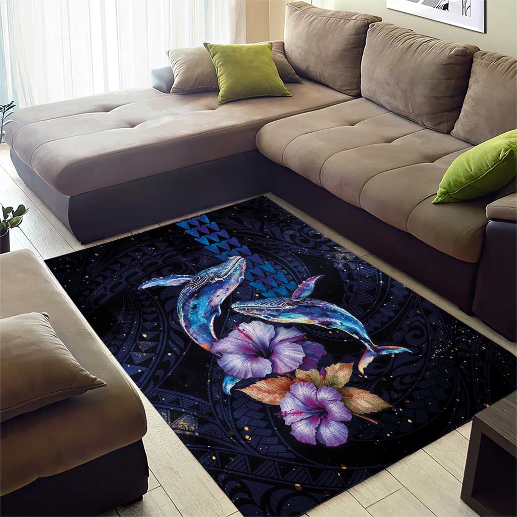 Hawaiian Whales Love Couple Area Rug Hibiscus and Kakau Art Tattoo Night Sky Vibe LT03 - Polynesian Pride