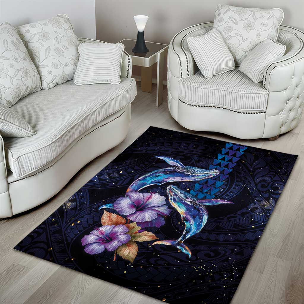 Hawaiian Whales Love Couple Area Rug Hibiscus and Kakau Art Tattoo Night Sky Vibe LT03 - Polynesian Pride