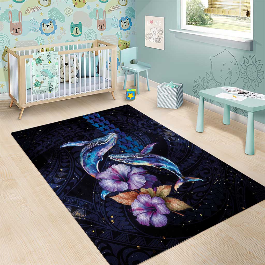 Hawaiian Whales Love Couple Area Rug Hibiscus and Kakau Art Tattoo Night Sky Vibe LT03 - Polynesian Pride