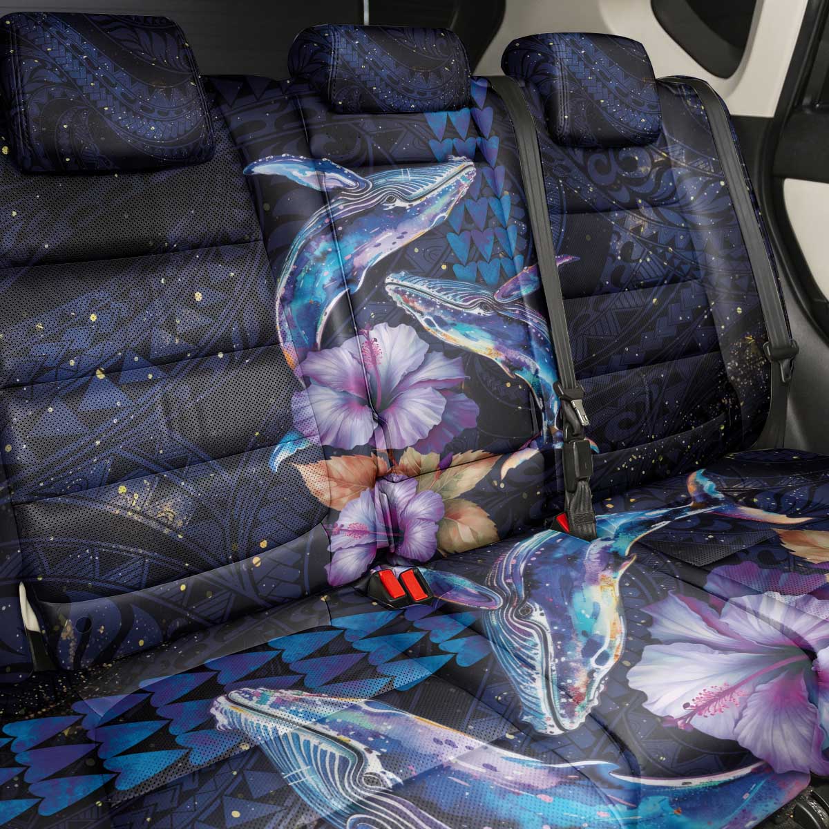 Hawaiian Whales Love Couple Back Car Seat Cover Hibiscus and Kakau Art Tattoo Night Sky Vibe LT03 - Polynesian Pride