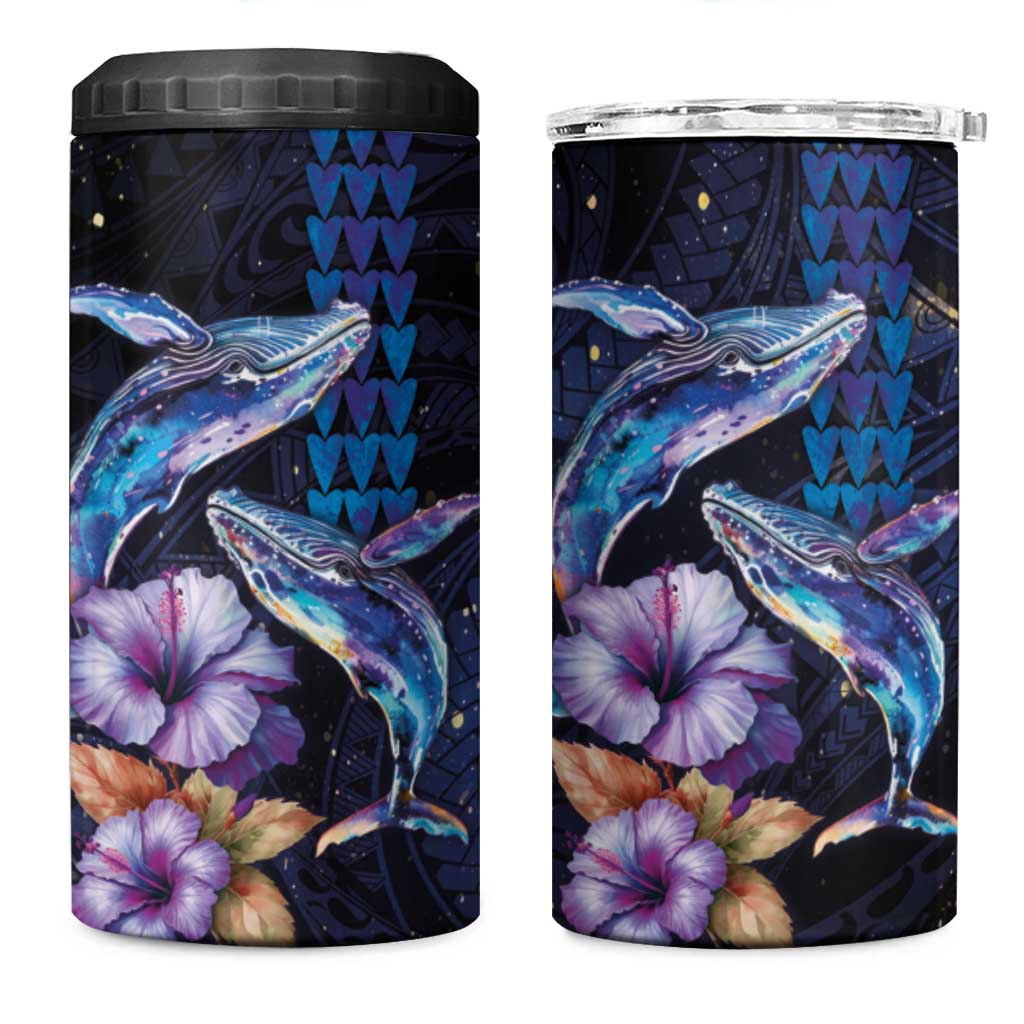 Hawaiian Whales Love Couple 4 in 1 Can Cooler Tumbler Hibiscus and Kakau Art Tattoo Night Sky Vibe LT03 One Size: 16 oz Navy - Polynesian Pride