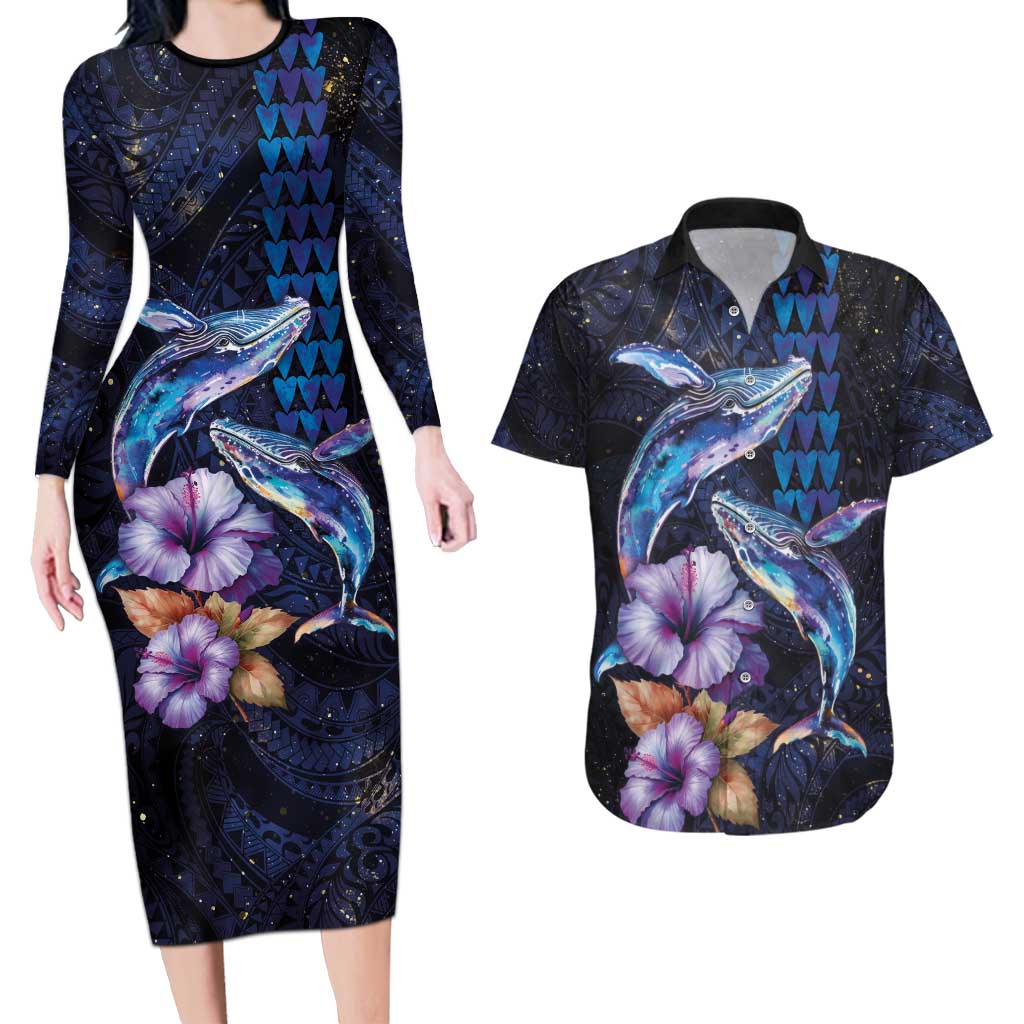 Hawaiian Whales Love Couple Couples Matching Long Sleeve Bodycon Dress and Hawaiian Shirt Hibiscus and Kakau Art Tattoo Night Sky Vibe LT03 Navy - Polynesian Pride