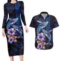 Hawaiian Whales Love Couple Couples Matching Long Sleeve Bodycon Dress and Hawaiian Shirt Hibiscus and Kakau Art Tattoo Night Sky Vibe LT03 Navy - Polynesian Pride