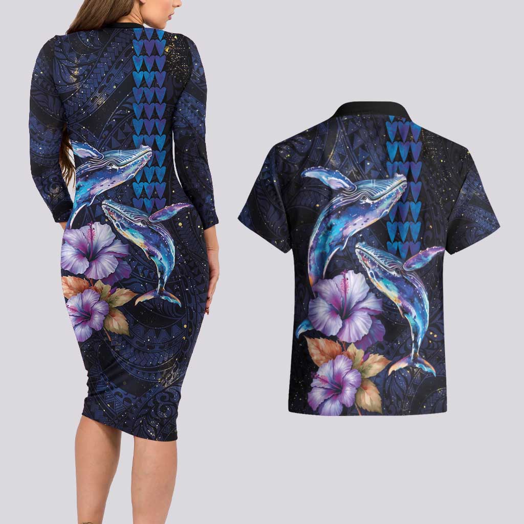 Hawaiian Whales Love Couple Couples Matching Long Sleeve Bodycon Dress and Hawaiian Shirt Hibiscus and Kakau Art Tattoo Night Sky Vibe LT03 - Polynesian Pride