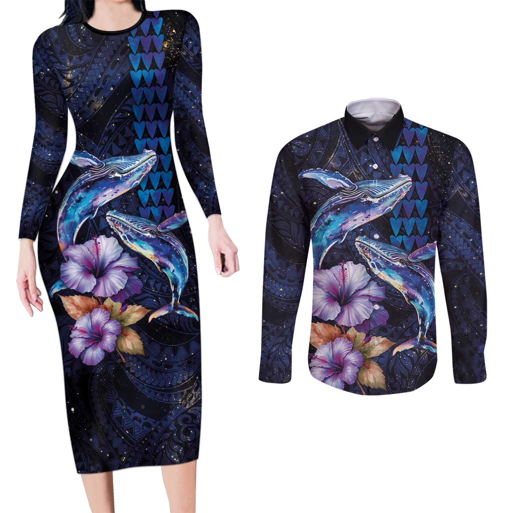 Hawaiian Whales Love Couple Couples Matching Long Sleeve Bodycon Dress and Long Sleeve Button Shirt Hibiscus and Kakau Art Tattoo Night Sky Vibe LT03 Navy - Polynesian Pride