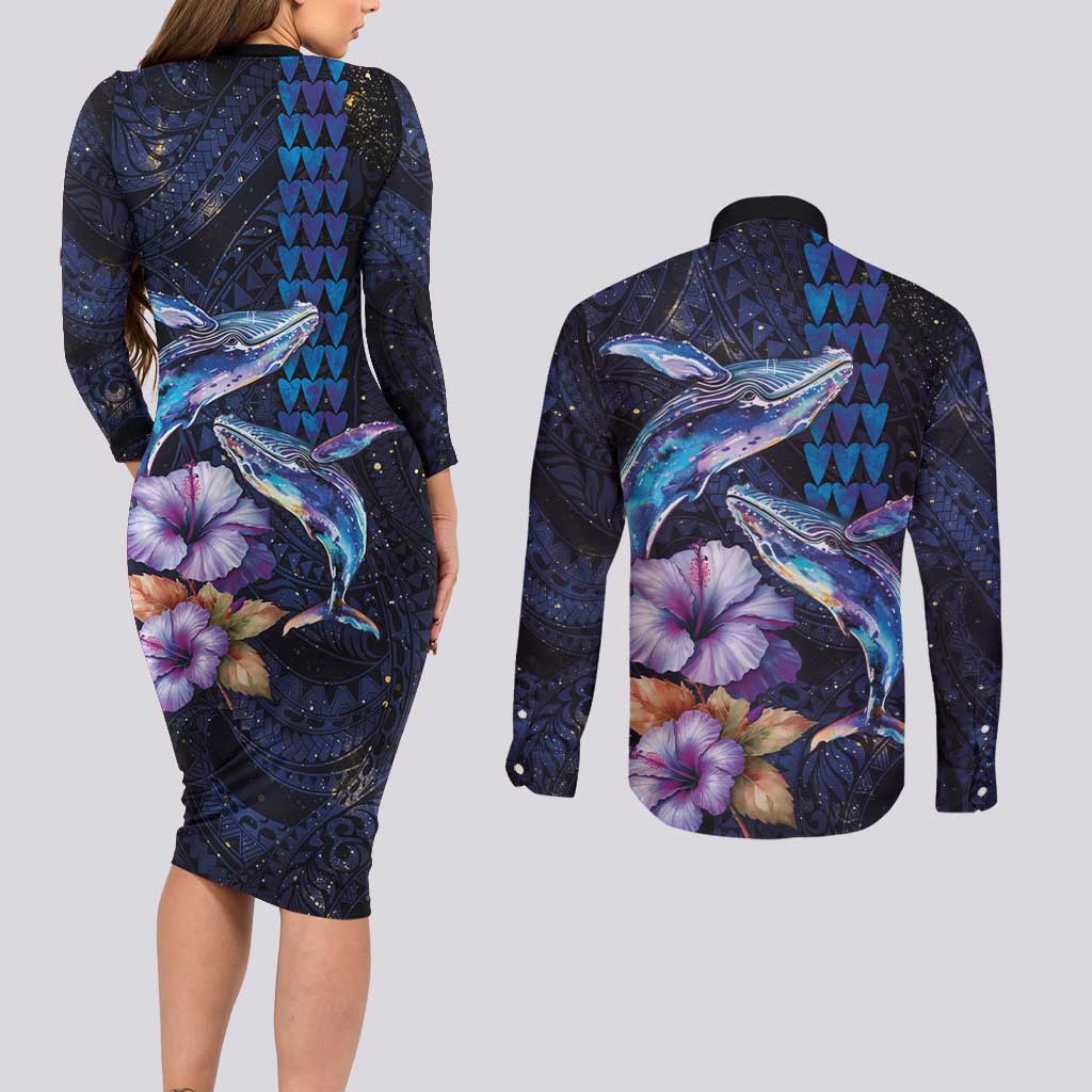 Hawaiian Whales Love Couple Couples Matching Long Sleeve Bodycon Dress and Long Sleeve Button Shirt Hibiscus and Kakau Art Tattoo Night Sky Vibe LT03 - Polynesian Pride