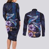 Hawaiian Whales Love Couple Couples Matching Long Sleeve Bodycon Dress and Long Sleeve Button Shirt Hibiscus and Kakau Art Tattoo Night Sky Vibe LT03 - Polynesian Pride
