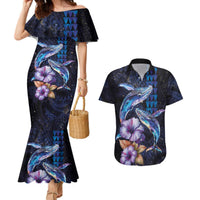 Hawaiian Whales Love Couple Couples Matching Mermaid Dress and Hawaiian Shirt Hibiscus and Kakau Art Tattoo Night Sky Vibe LT03 Navy - Polynesian Pride