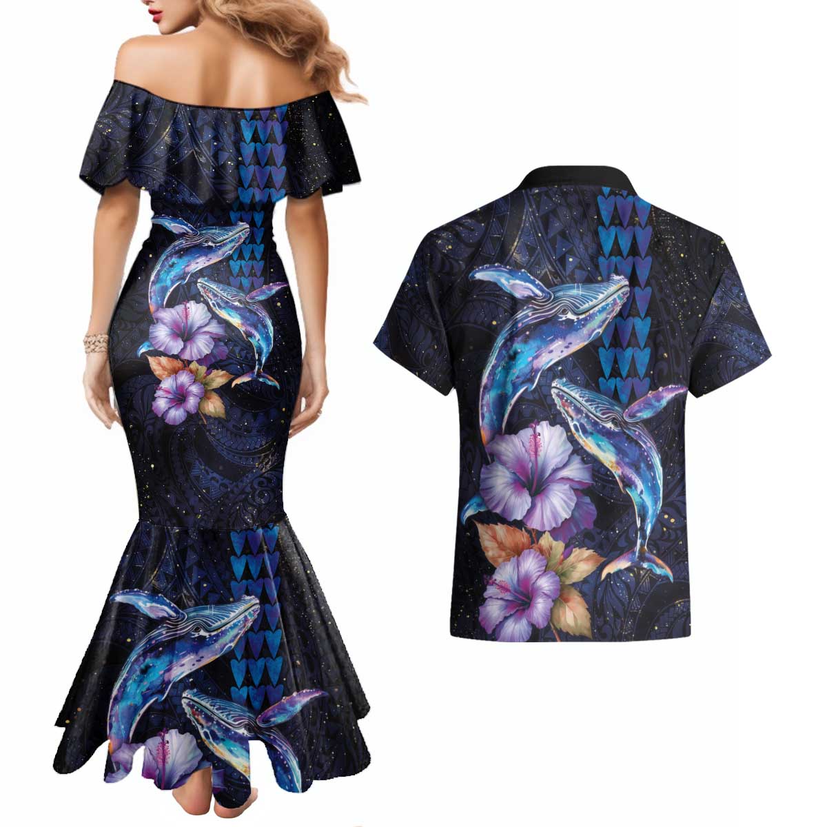 Hawaiian Whales Love Couple Couples Matching Mermaid Dress and Hawaiian Shirt Hibiscus and Kakau Art Tattoo Night Sky Vibe LT03 - Polynesian Pride