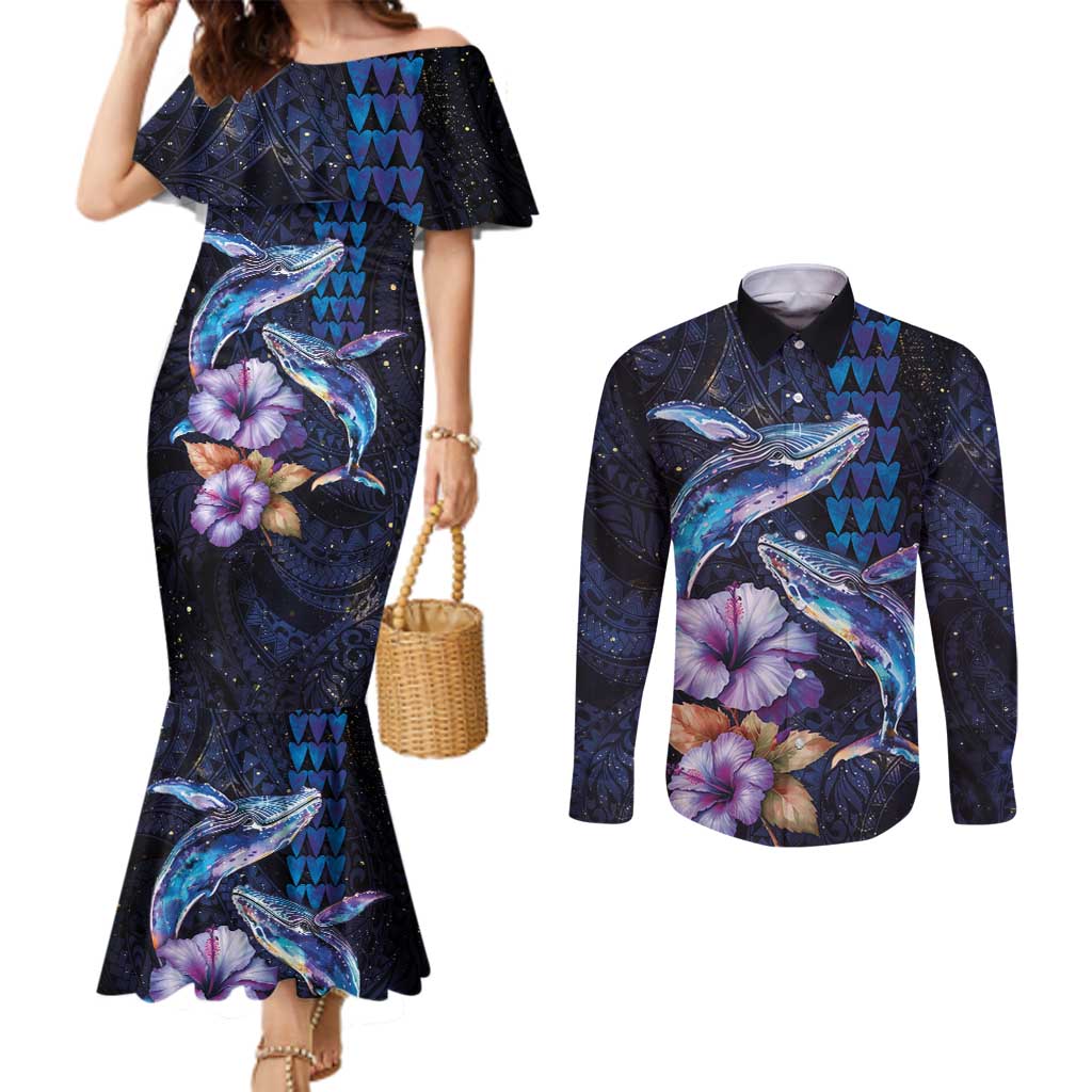 Hawaiian Whales Love Couple Couples Matching Mermaid Dress and Long Sleeve Button Shirt Hibiscus and Kakau Art Tattoo Night Sky Vibe LT03 Navy - Polynesian Pride