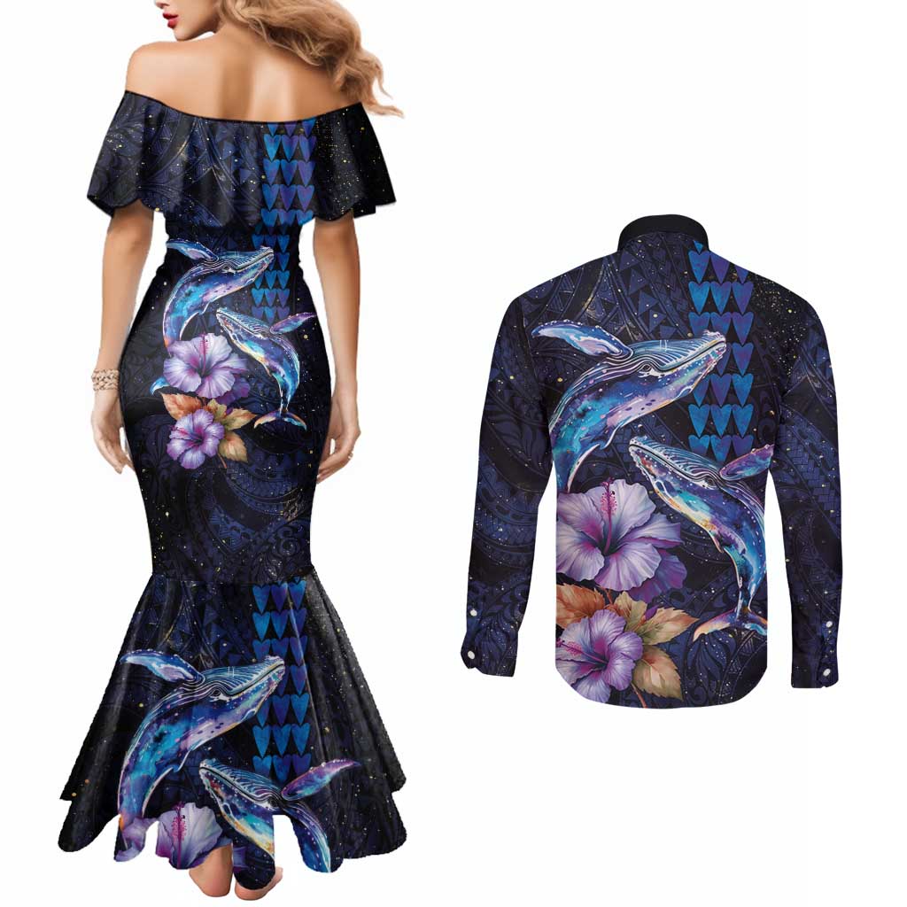 Hawaiian Whales Love Couple Couples Matching Mermaid Dress and Long Sleeve Button Shirt Hibiscus and Kakau Art Tattoo Night Sky Vibe LT03 - Polynesian Pride