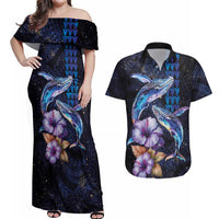 Hawaiian Whales Love Couple Couples Matching Off Shoulder Maxi Dress and Hawaiian Shirt Hibiscus and Kakau Art Tattoo Night Sky Vibe LT03 Navy - Polynesian Pride