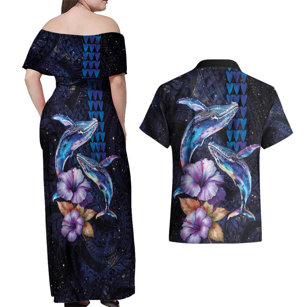 Hawaiian Whales Love Couple Couples Matching Off Shoulder Maxi Dress and Hawaiian Shirt Hibiscus and Kakau Art Tattoo Night Sky Vibe LT03 - Polynesian Pride