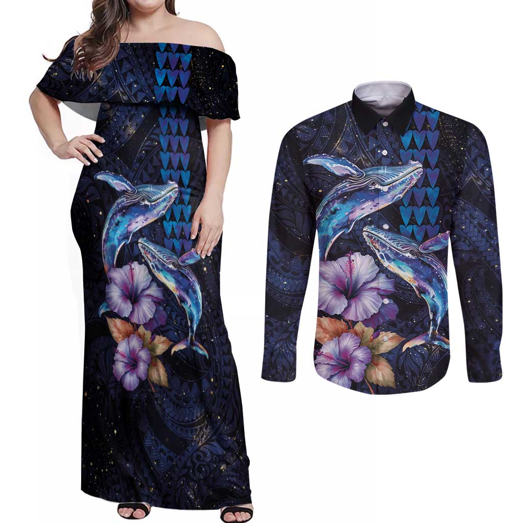 Hawaiian Whales Love Couple Couples Matching Off Shoulder Maxi Dress and Long Sleeve Button Shirt Hibiscus and Kakau Art Tattoo Night Sky Vibe LT03 Navy - Polynesian Pride