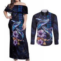 Hawaiian Whales Love Couple Couples Matching Off Shoulder Maxi Dress and Long Sleeve Button Shirt Hibiscus and Kakau Art Tattoo Night Sky Vibe LT03 Navy - Polynesian Pride