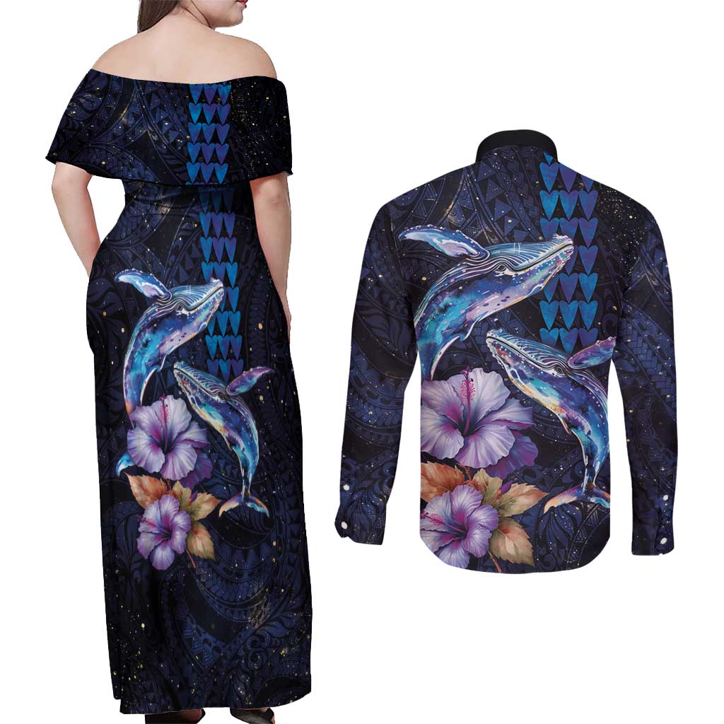 Hawaiian Whales Love Couple Couples Matching Off Shoulder Maxi Dress and Long Sleeve Button Shirt Hibiscus and Kakau Art Tattoo Night Sky Vibe LT03 - Polynesian Pride
