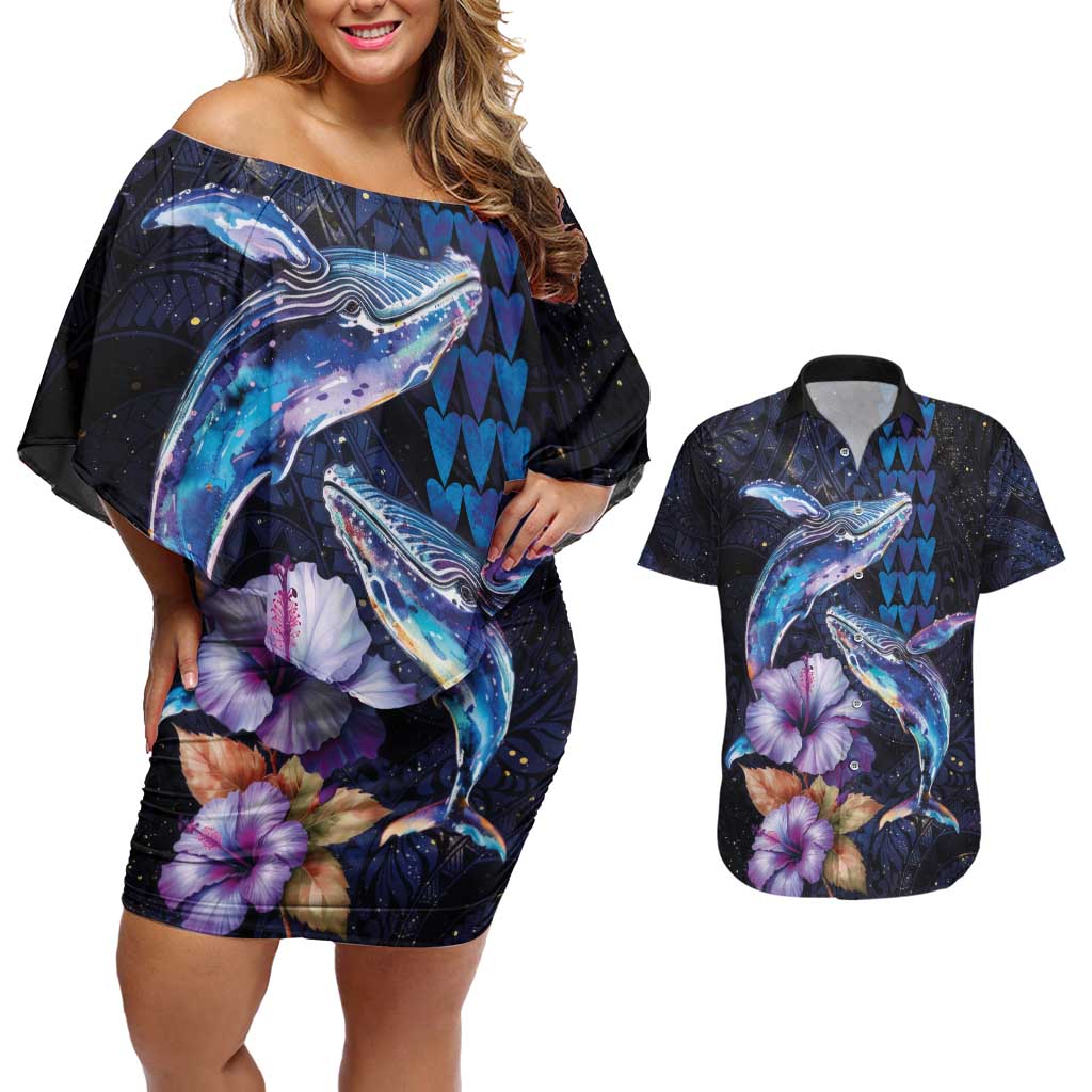 Hawaiian Whales Love Couple Couples Matching Off Shoulder Short Dress and Hawaiian Shirt Hibiscus and Kakau Art Tattoo Night Sky Vibe LT03 Navy - Polynesian Pride