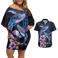 Hawaiian Whales Love Couple Couples Matching Off Shoulder Short Dress and Hawaiian Shirt Hibiscus and Kakau Art Tattoo Night Sky Vibe LT03 Navy - Polynesian Pride