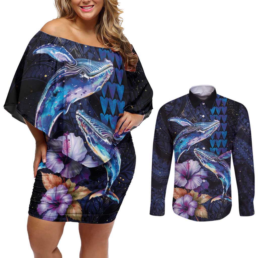 Hawaiian Whales Love Couple Couples Matching Off Shoulder Short Dress and Long Sleeve Button Shirt Hibiscus and Kakau Art Tattoo Night Sky Vibe LT03 Navy - Polynesian Pride