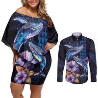 Hawaiian Whales Love Couple Couples Matching Off Shoulder Short Dress and Long Sleeve Button Shirt Hibiscus and Kakau Art Tattoo Night Sky Vibe LT03 Navy - Polynesian Pride