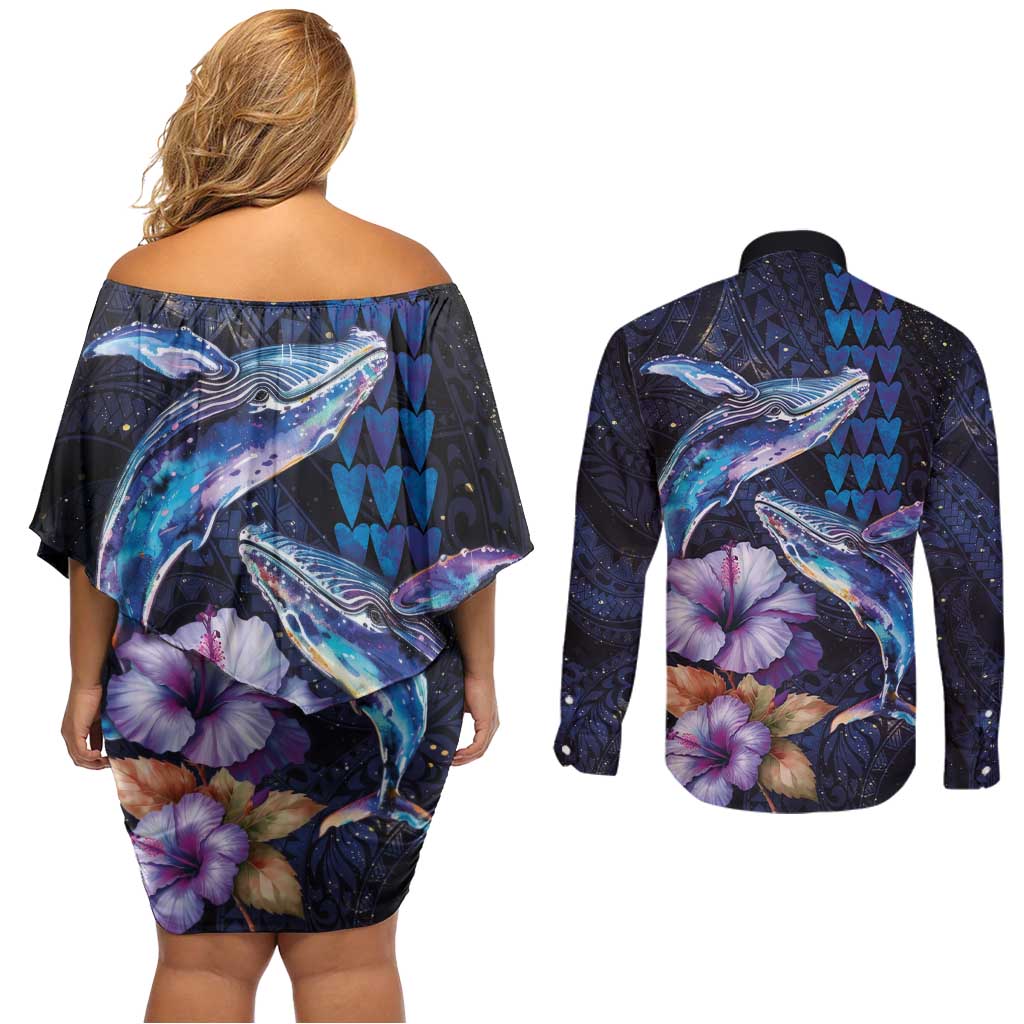 Hawaiian Whales Love Couple Couples Matching Off Shoulder Short Dress and Long Sleeve Button Shirt Hibiscus and Kakau Art Tattoo Night Sky Vibe LT03 - Polynesian Pride