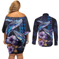 Hawaiian Whales Love Couple Couples Matching Off Shoulder Short Dress and Long Sleeve Button Shirt Hibiscus and Kakau Art Tattoo Night Sky Vibe LT03 - Polynesian Pride