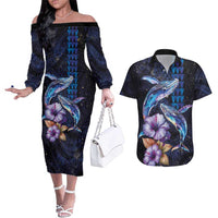 Hawaiian Whales Love Couple Couples Matching Off The Shoulder Long Sleeve Dress and Hawaiian Shirt Hibiscus and Kakau Art Tattoo Night Sky Vibe LT03 Navy - Polynesian Pride