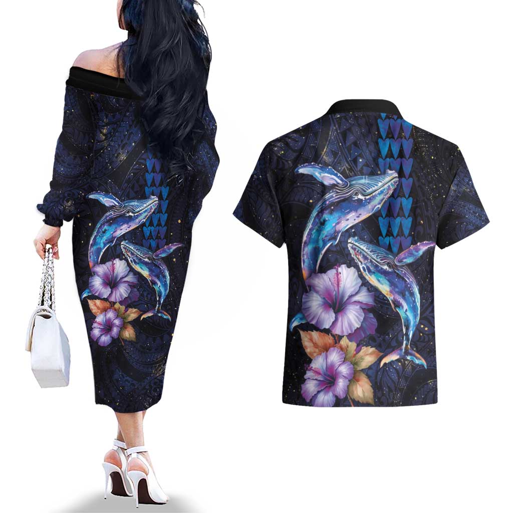 Hawaiian Whales Love Couple Couples Matching Off The Shoulder Long Sleeve Dress and Hawaiian Shirt Hibiscus and Kakau Art Tattoo Night Sky Vibe LT03 - Polynesian Pride