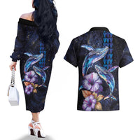 Hawaiian Whales Love Couple Couples Matching Off The Shoulder Long Sleeve Dress and Hawaiian Shirt Hibiscus and Kakau Art Tattoo Night Sky Vibe LT03 - Polynesian Pride