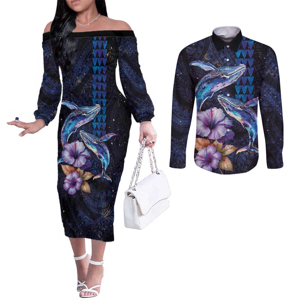 Hawaiian Whales Love Couple Couples Matching Off The Shoulder Long Sleeve Dress and Long Sleeve Button Shirt Hibiscus and Kakau Art Tattoo Night Sky Vibe LT03 Navy - Polynesian Pride