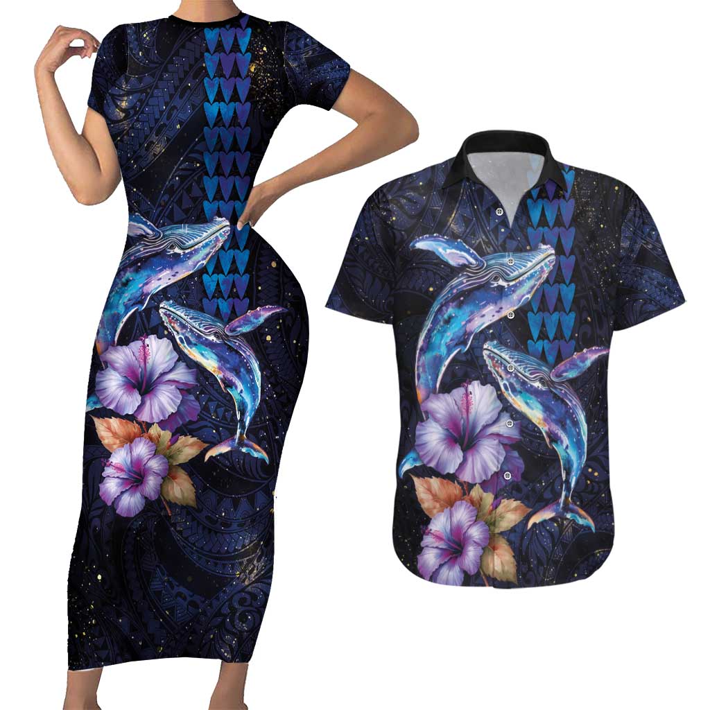 Hawaiian Whales Love Couple Couples Matching Short Sleeve Bodycon Dress and Hawaiian Shirt Hibiscus and Kakau Art Tattoo Night Sky Vibe LT03 Navy - Polynesian Pride