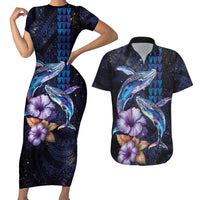 Hawaiian Whales Love Couple Couples Matching Short Sleeve Bodycon Dress and Hawaiian Shirt Hibiscus and Kakau Art Tattoo Night Sky Vibe LT03 Navy - Polynesian Pride