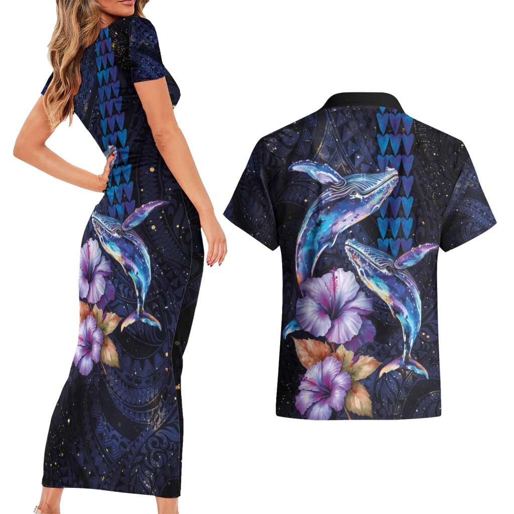Hawaiian Whales Love Couple Couples Matching Short Sleeve Bodycon Dress and Hawaiian Shirt Hibiscus and Kakau Art Tattoo Night Sky Vibe LT03 - Polynesian Pride