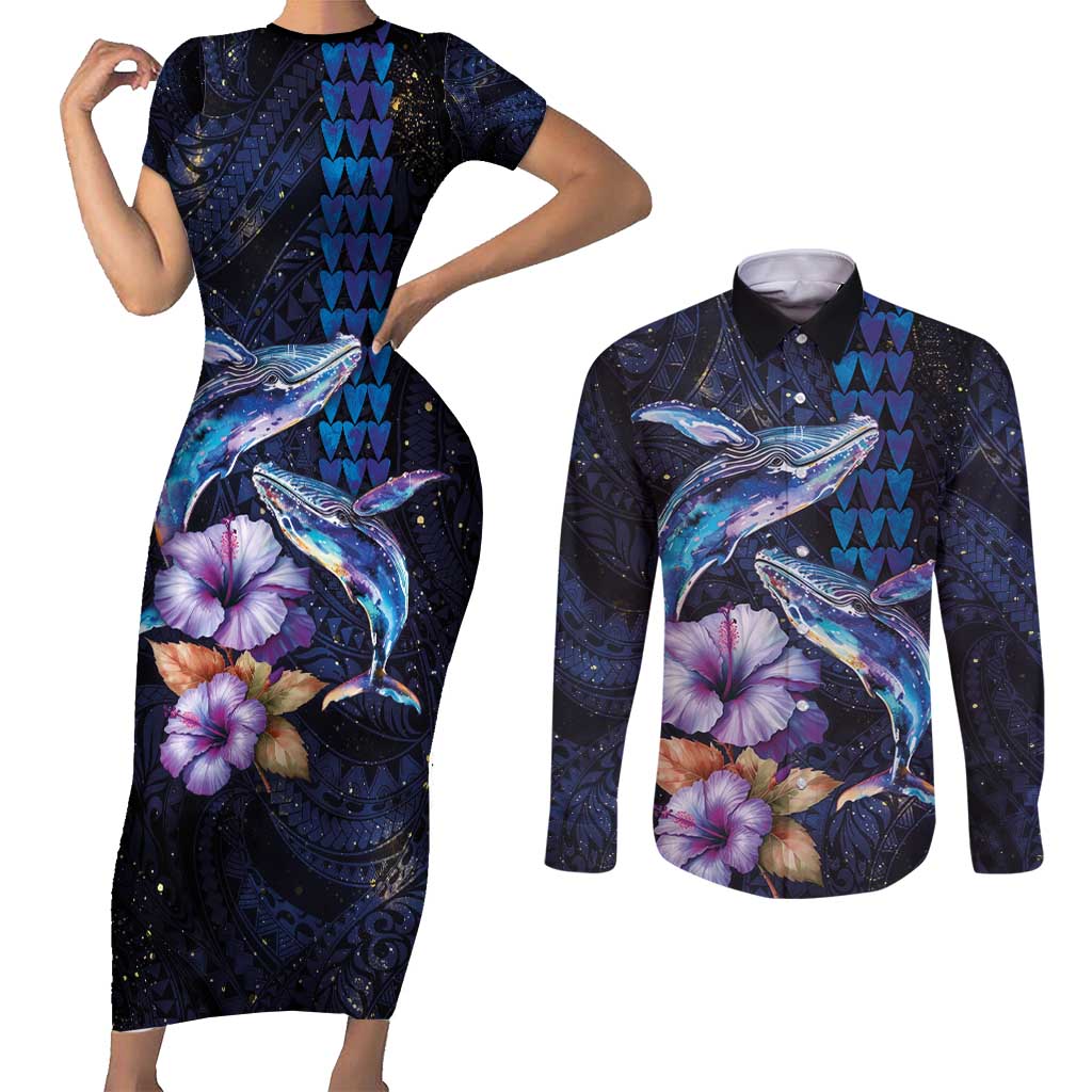 Hawaiian Whales Love Couple Couples Matching Short Sleeve Bodycon Dress and Long Sleeve Button Shirt Hibiscus and Kakau Art Tattoo Night Sky Vibe LT03 Navy - Polynesian Pride