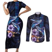 Hawaiian Whales Love Couple Couples Matching Short Sleeve Bodycon Dress and Long Sleeve Button Shirt Hibiscus and Kakau Art Tattoo Night Sky Vibe LT03 Navy - Polynesian Pride