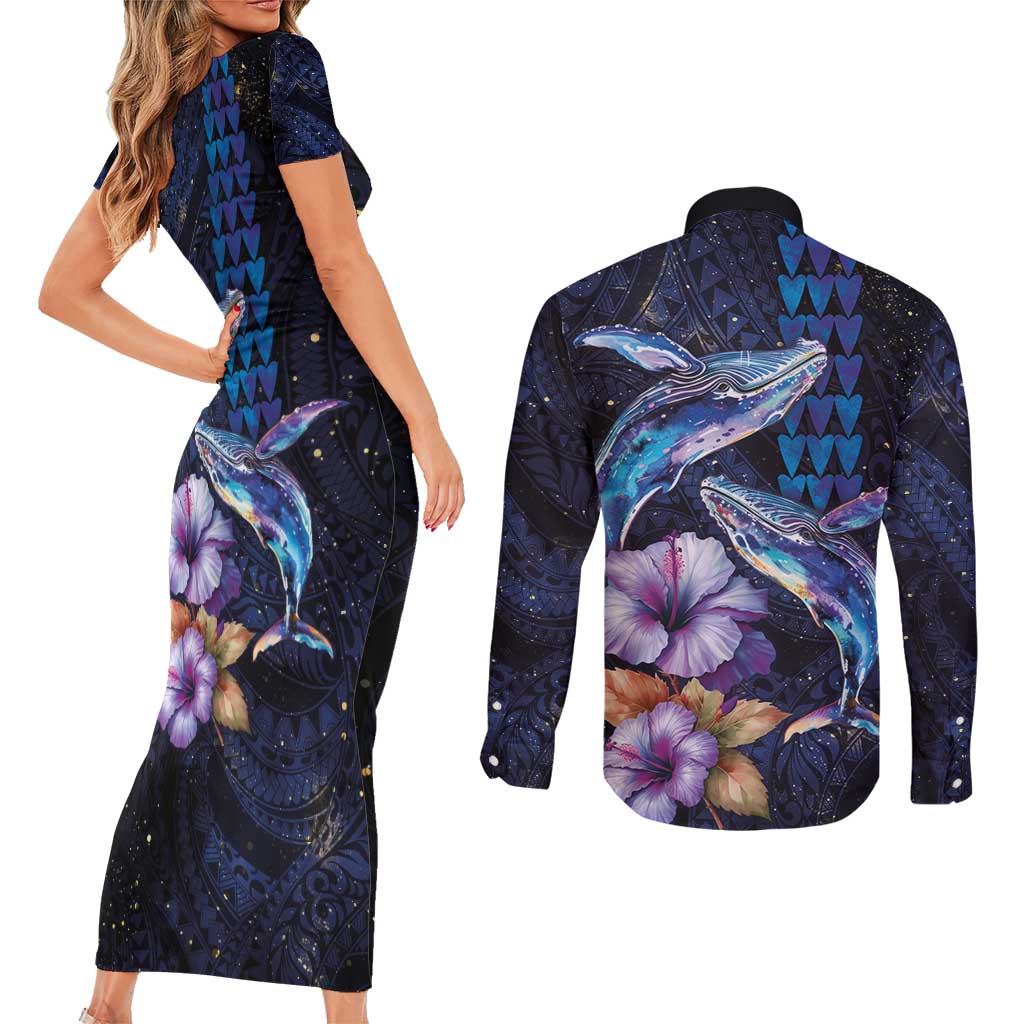 Hawaiian Whales Love Couple Couples Matching Short Sleeve Bodycon Dress and Long Sleeve Button Shirt Hibiscus and Kakau Art Tattoo Night Sky Vibe LT03 - Polynesian Pride