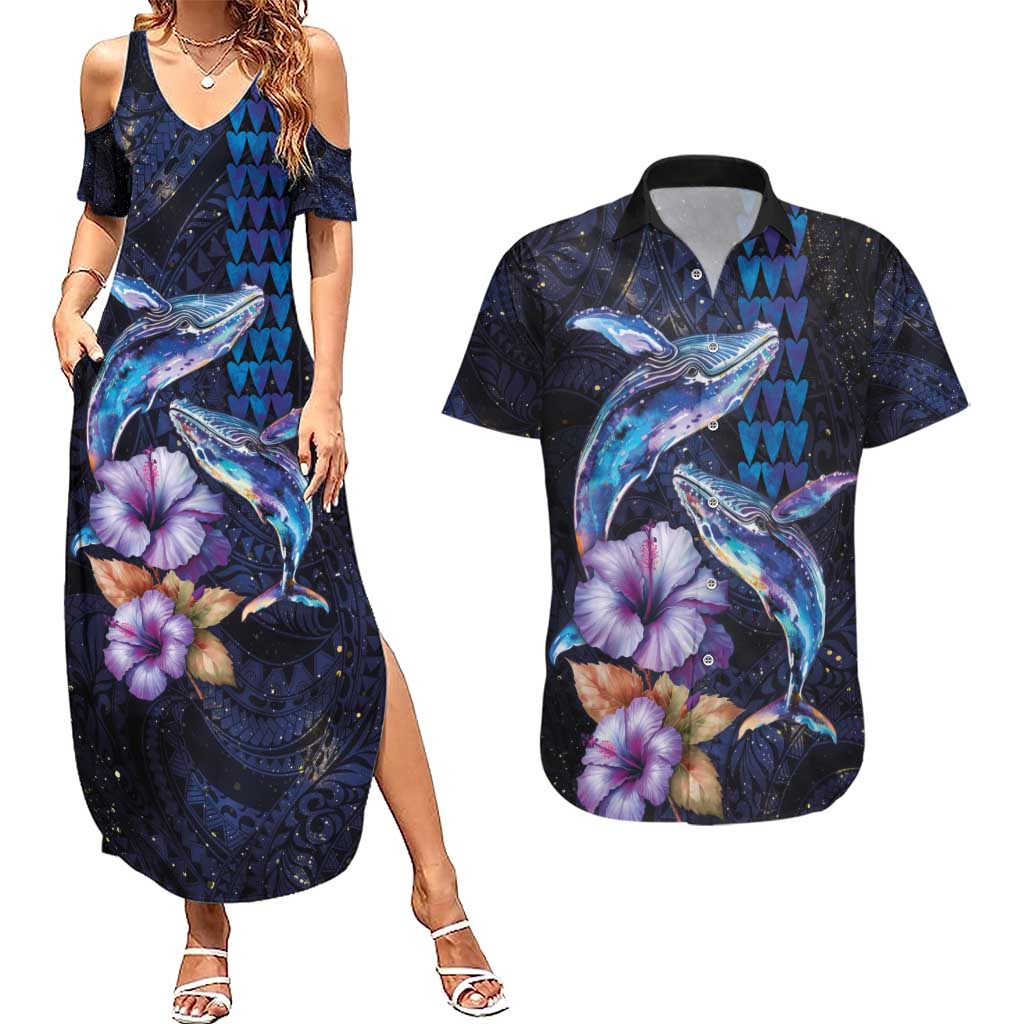 Hawaiian Whales Love Couple Couples Matching Summer Maxi Dress and Hawaiian Shirt Hibiscus and Kakau Art Tattoo Night Sky Vibe LT03 Navy - Polynesian Pride