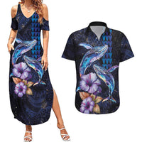 Hawaiian Whales Love Couple Couples Matching Summer Maxi Dress and Hawaiian Shirt Hibiscus and Kakau Art Tattoo Night Sky Vibe LT03 Navy - Polynesian Pride