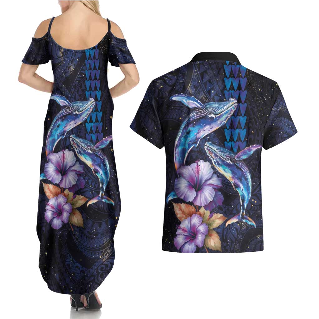 Hawaiian Whales Love Couple Couples Matching Summer Maxi Dress and Hawaiian Shirt Hibiscus and Kakau Art Tattoo Night Sky Vibe LT03 - Polynesian Pride