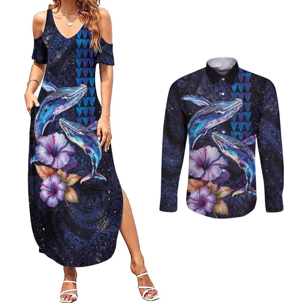 Hawaiian Whales Love Couple Couples Matching Summer Maxi Dress and Long Sleeve Button Shirt Hibiscus and Kakau Art Tattoo Night Sky Vibe LT03 Navy - Polynesian Pride
