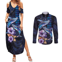 Hawaiian Whales Love Couple Couples Matching Summer Maxi Dress and Long Sleeve Button Shirt Hibiscus and Kakau Art Tattoo Night Sky Vibe LT03 Navy - Polynesian Pride