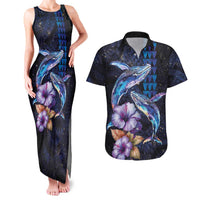 Hawaiian Whales Love Couple Couples Matching Tank Maxi Dress and Hawaiian Shirt Hibiscus and Kakau Art Tattoo Night Sky Vibe LT03 Navy - Polynesian Pride