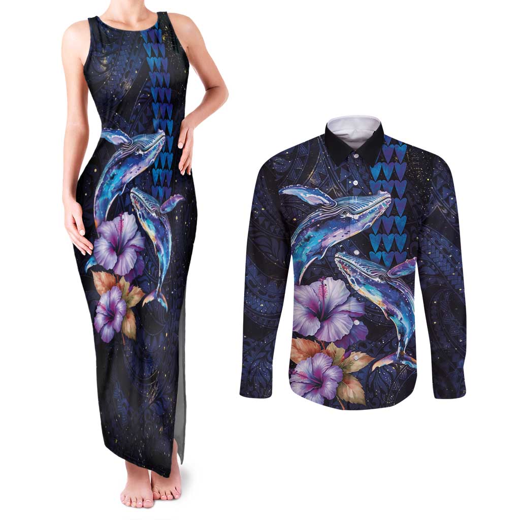 Hawaiian Whales Love Couple Couples Matching Tank Maxi Dress and Long Sleeve Button Shirt Hibiscus and Kakau Art Tattoo Night Sky Vibe LT03 Navy - Polynesian Pride