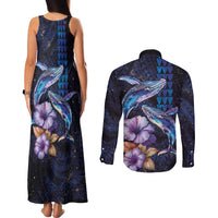 Hawaiian Whales Love Couple Couples Matching Tank Maxi Dress and Long Sleeve Button Shirt Hibiscus and Kakau Art Tattoo Night Sky Vibe LT03 - Polynesian Pride