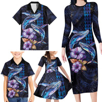 Hawaiian Whales Love Couple Family Matching Long Sleeve Bodycon Dress and Hawaiian Shirt Hibiscus and Kakau Art Tattoo Night Sky Vibe LT03 - Polynesian Pride